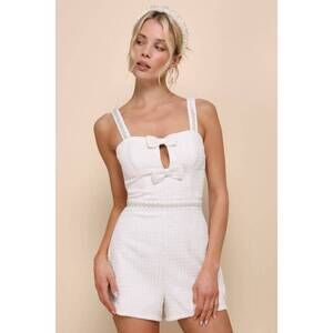 Lulus Upscale Charm Ivory Tweed Pearl Beaded Cutout Bow Romper White - Size L